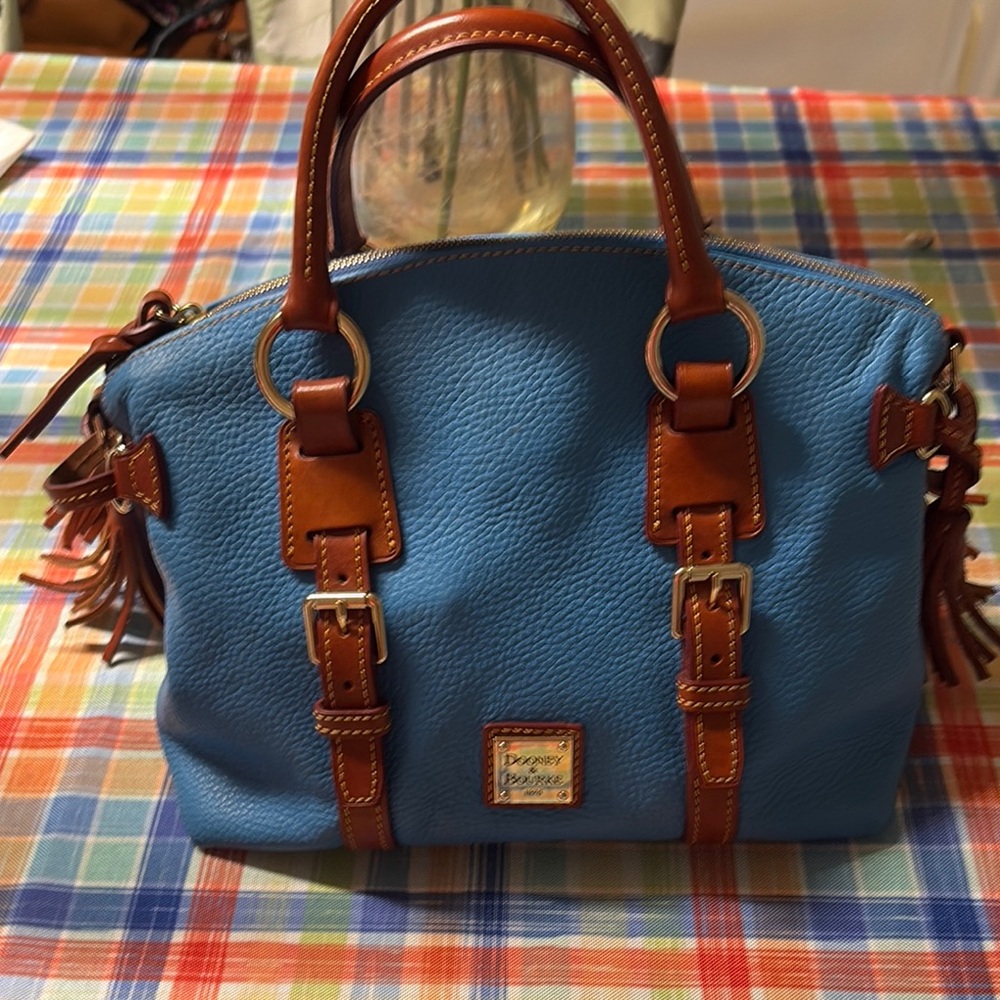 Dooney & Bourke Sky Blue Pebbled Leather Satchel with Brown Trim
